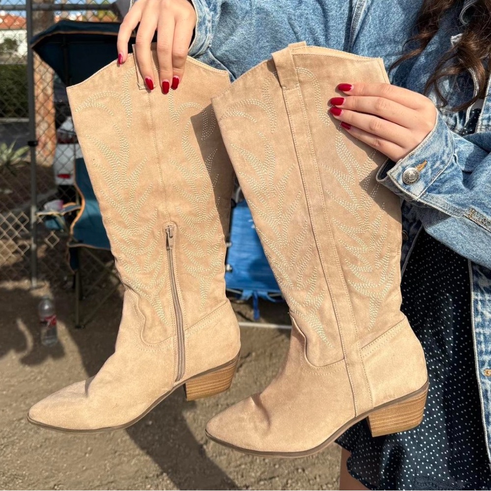 Tan Suede Knee-High Boots